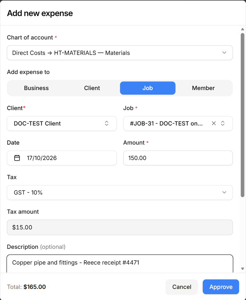 A finished job expense: $150.00 + $15.00 GST = $165.00 total