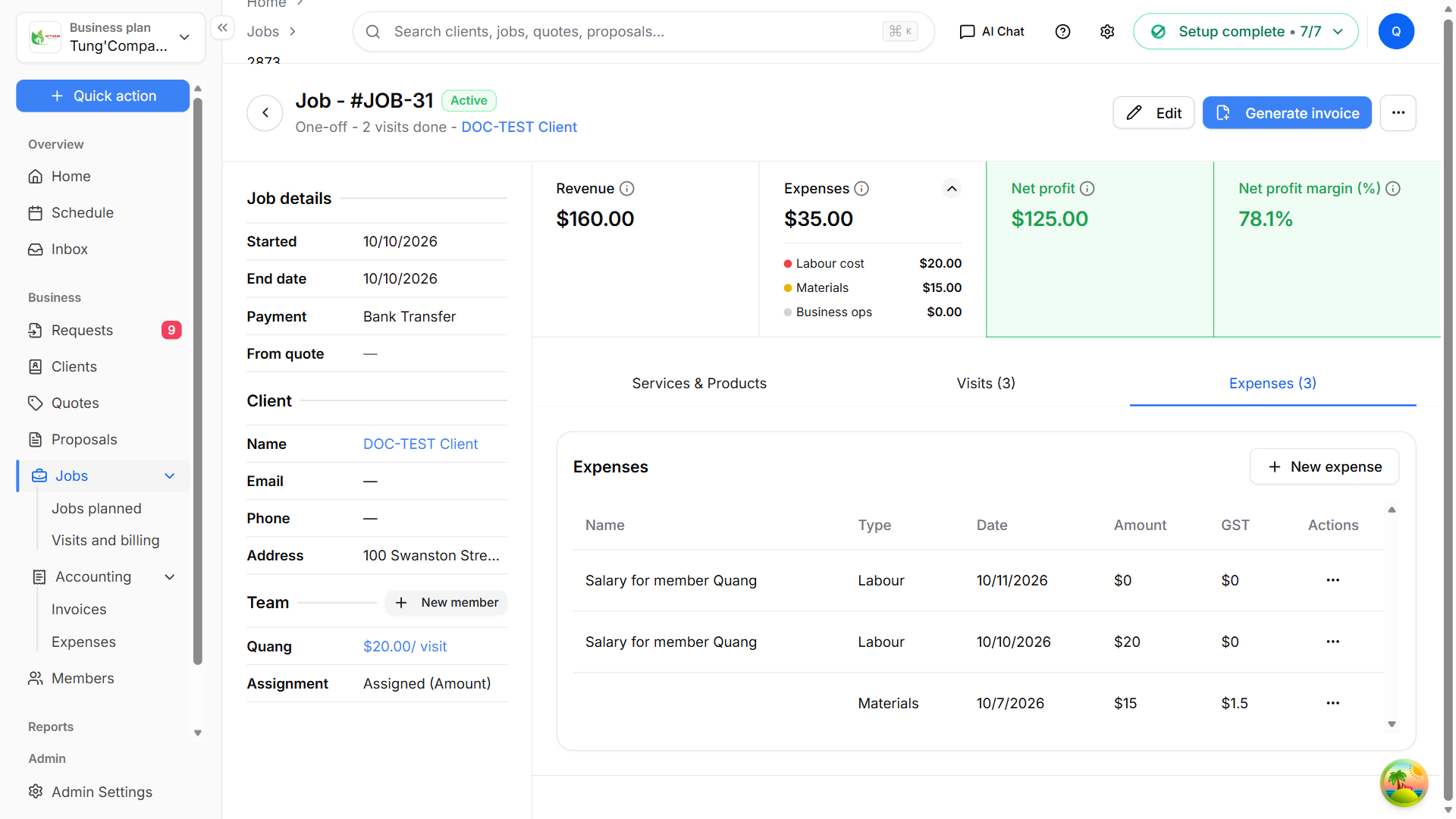 A job's profit and its Expenses tab