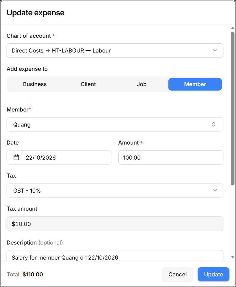 A Labour expense added automatically when a visit was completed