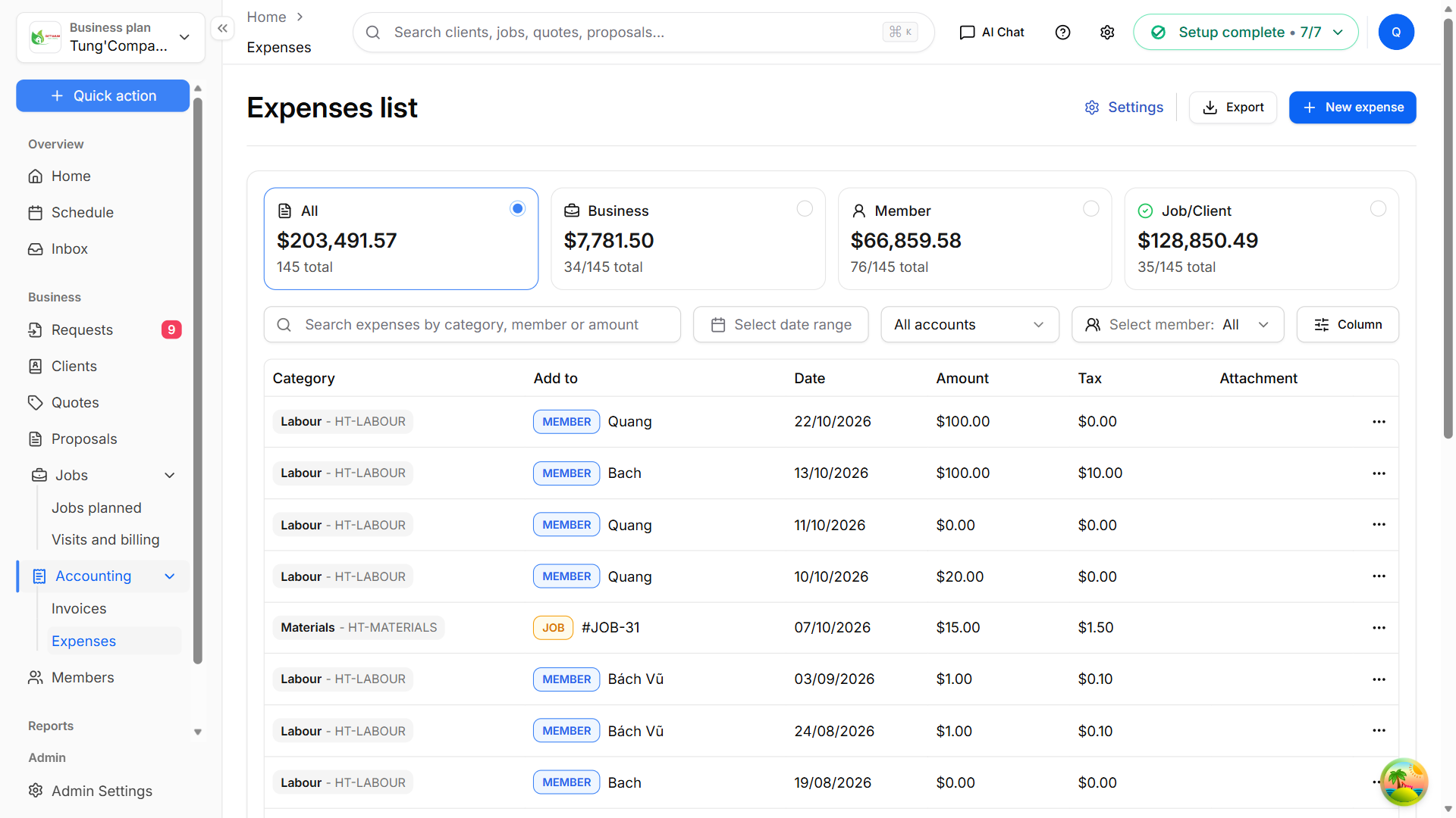 Accounting → Expenses opens the Expenses list