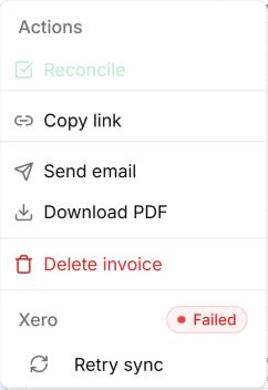 An invoice's ⋯ menu showing its Xero status