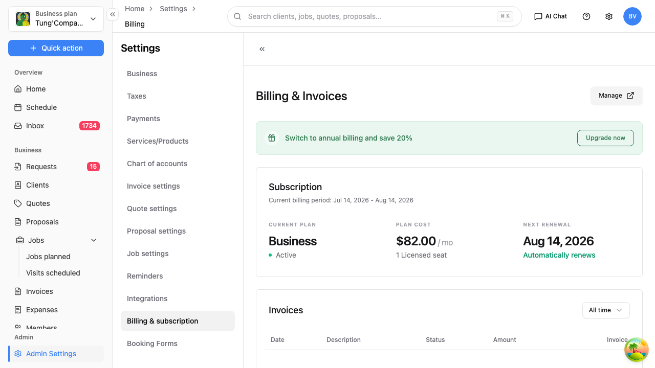 Billing and subscription screen