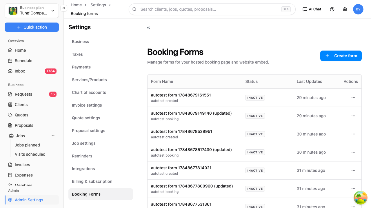 Booking forms list