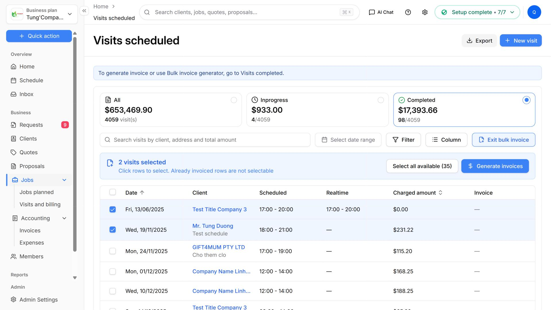 Bulk invoice generator with two visits ticked