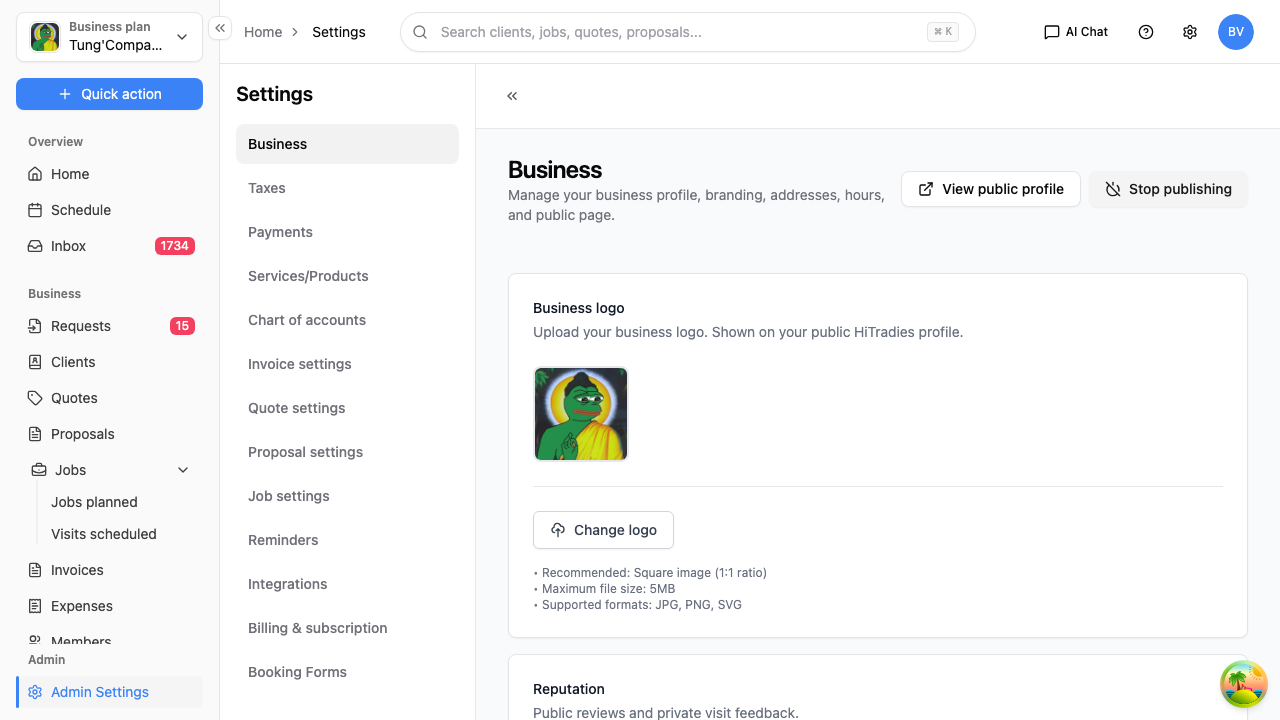 Business settings screen