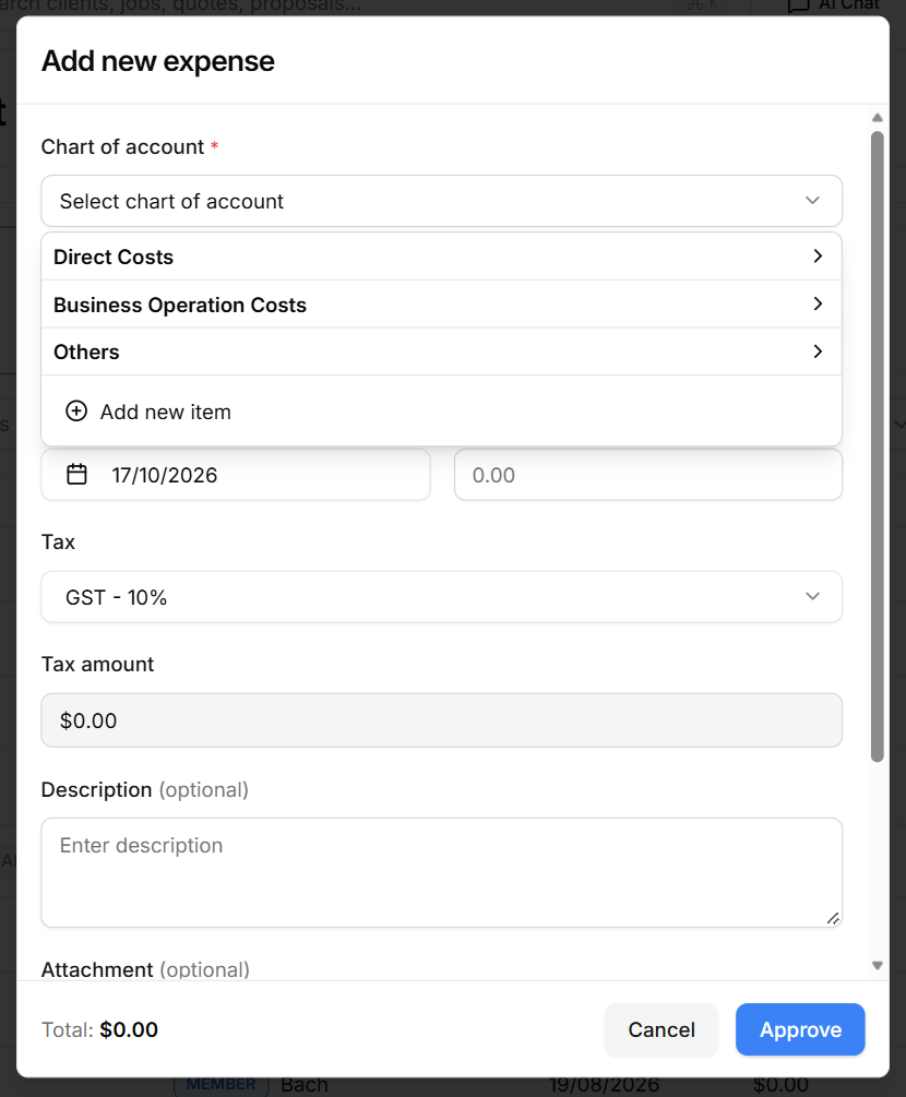Categories are grouped under Direct Costs, Business Operation Costs and Others