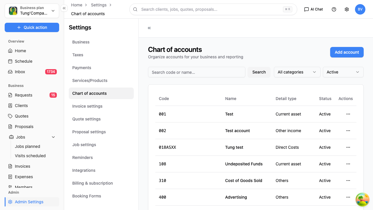 Chart of accounts settings screen