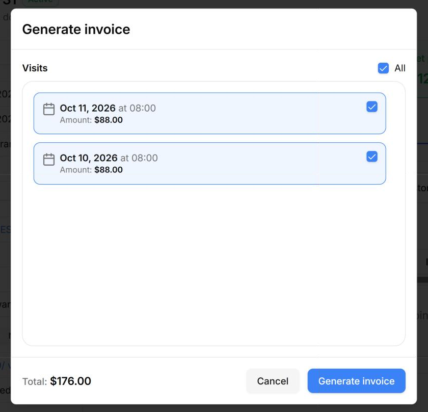 Choose the visits to bill