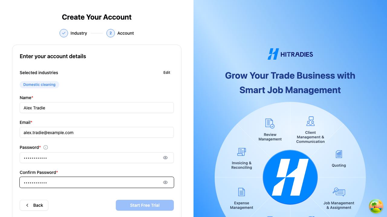 Create your account screen