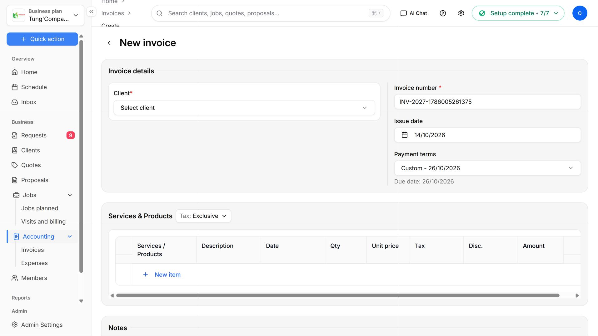 Create invoice screen