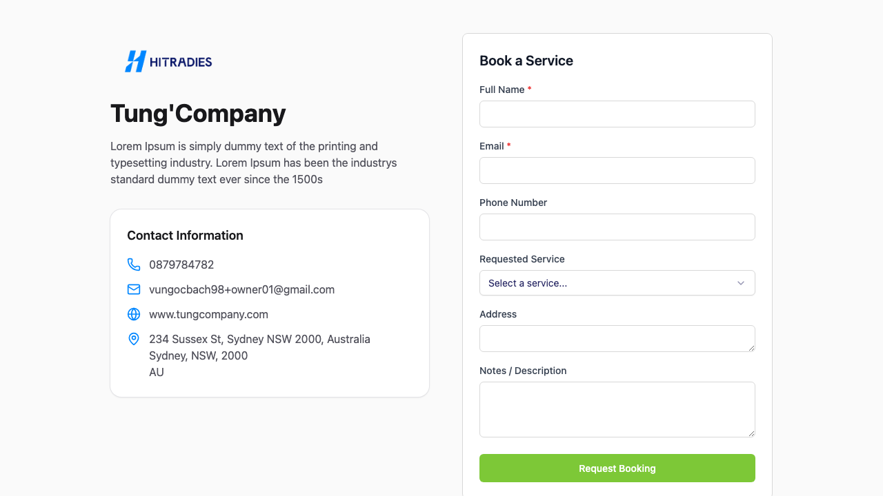 The public booking page a customer sees