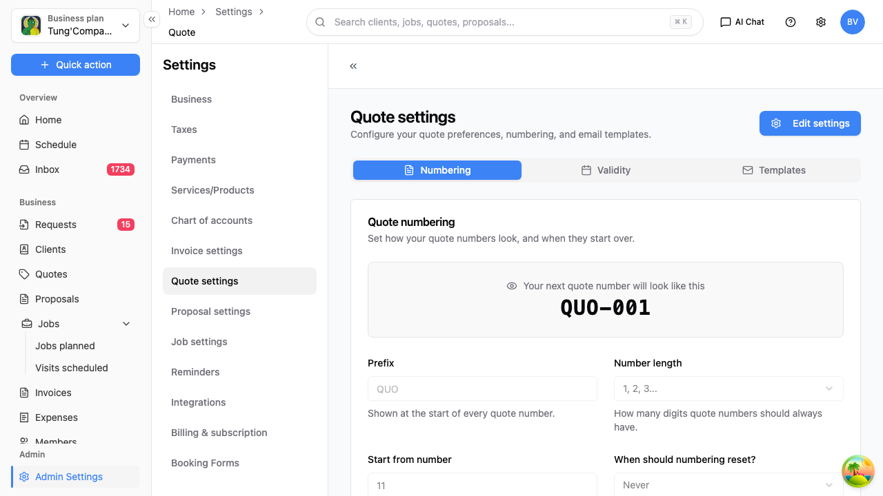 Quote settings screen