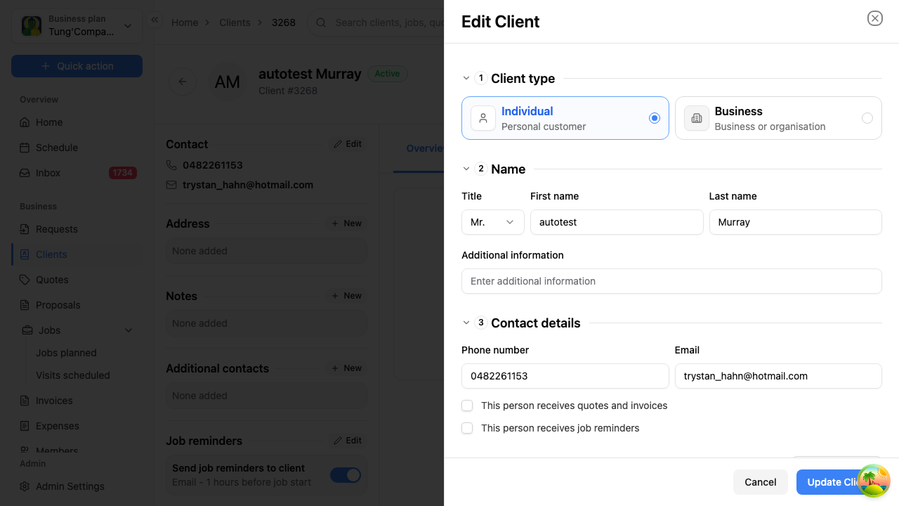 Edit client panel
