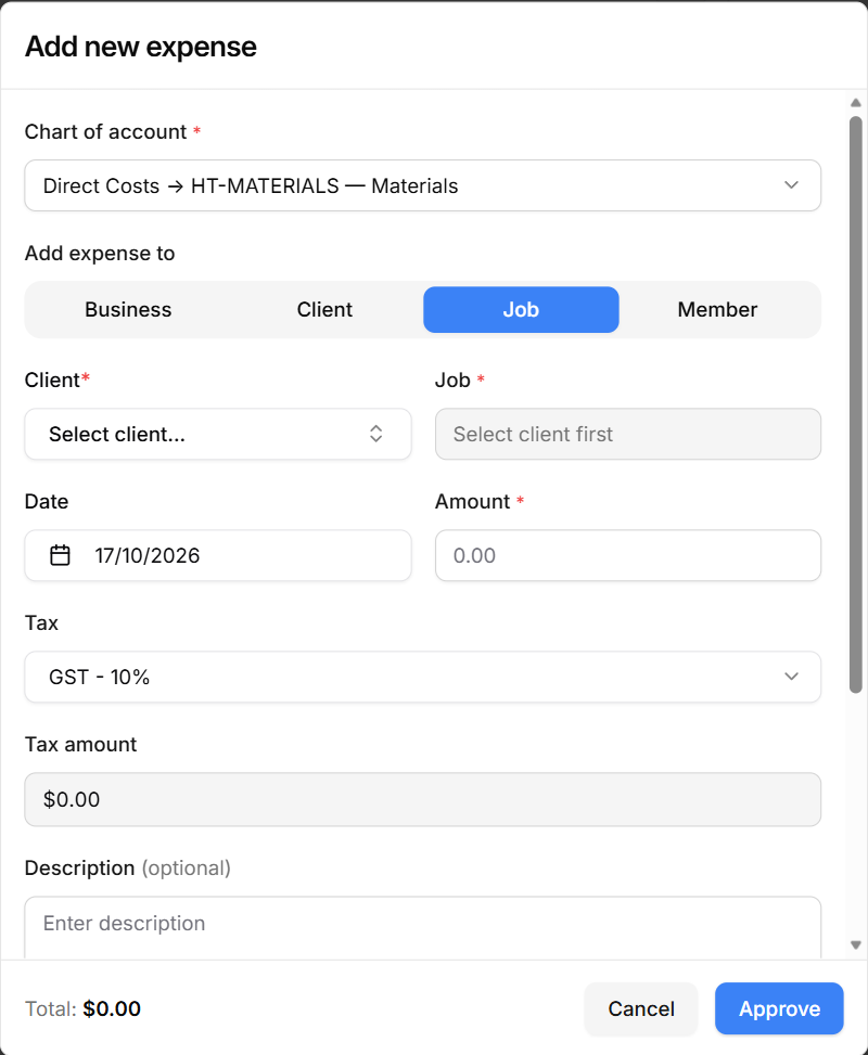 For a job expense, choose the client first — the job box says "Select client first" until you do