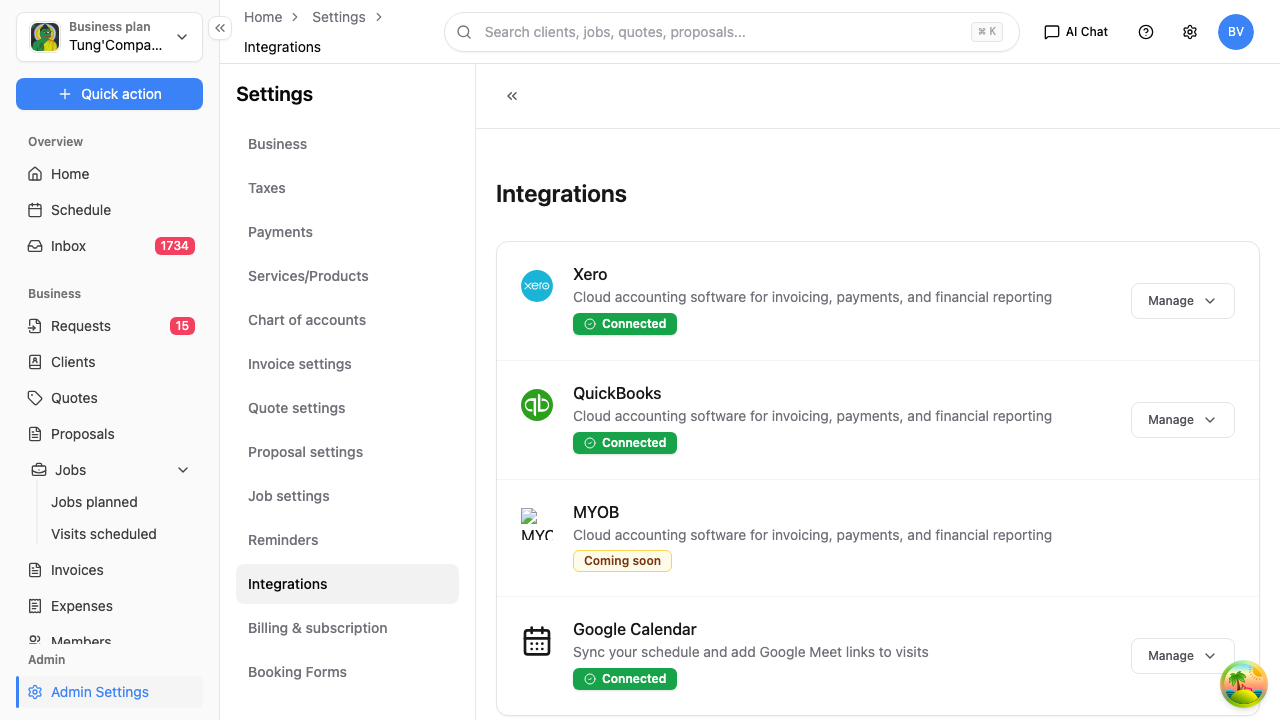 Integrations settings screen