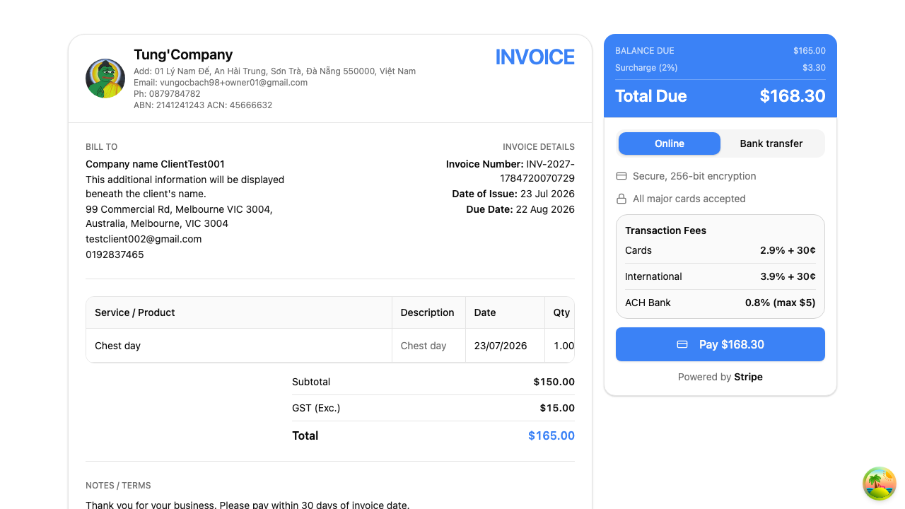 The invoice page your client sees