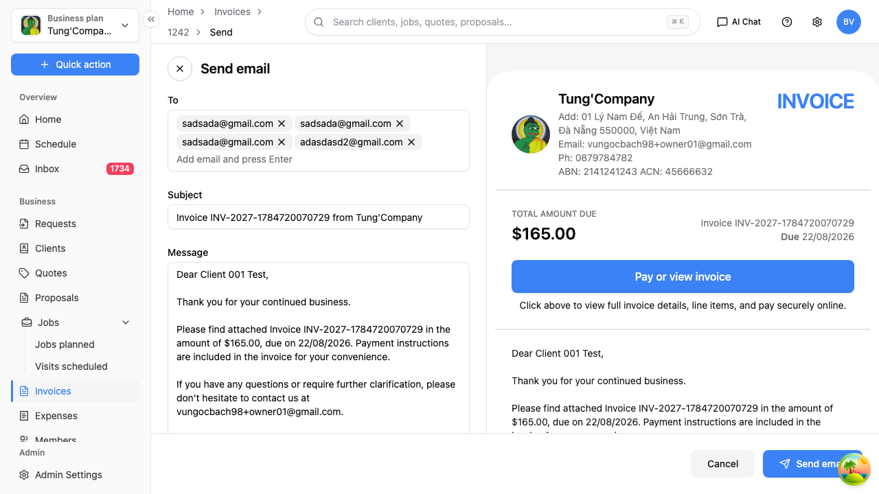 Send invoice screen