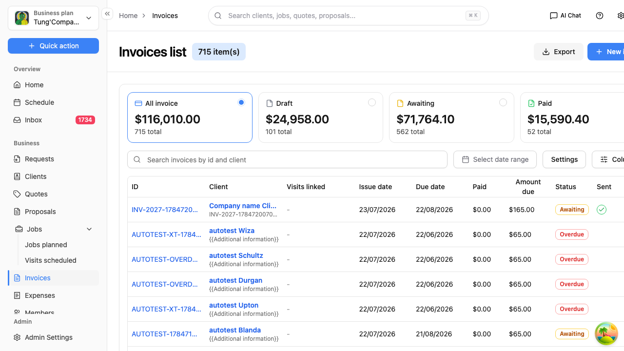 Invoices list screen