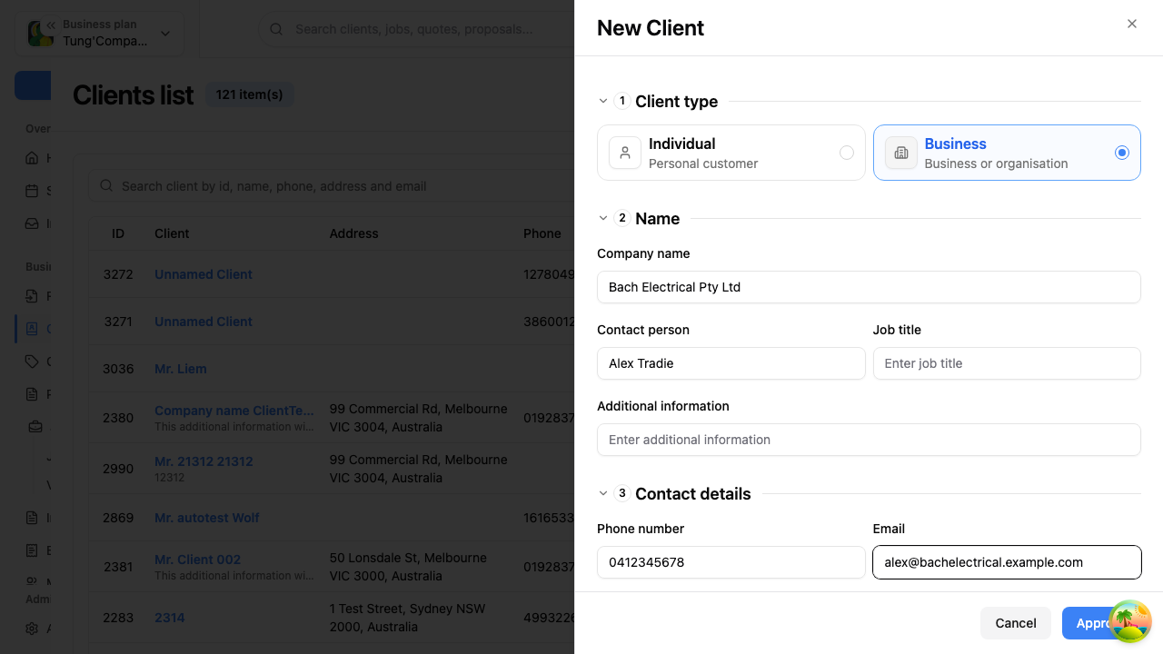 New client panel showing the Business fields