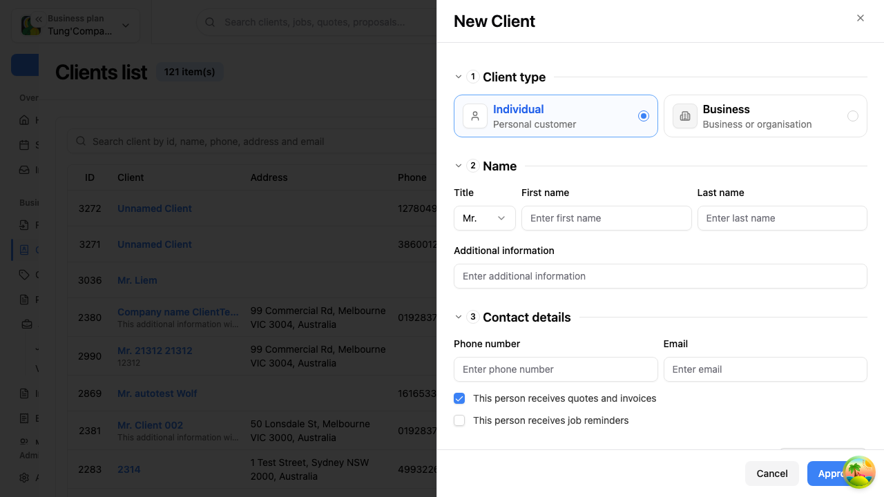 New client panel