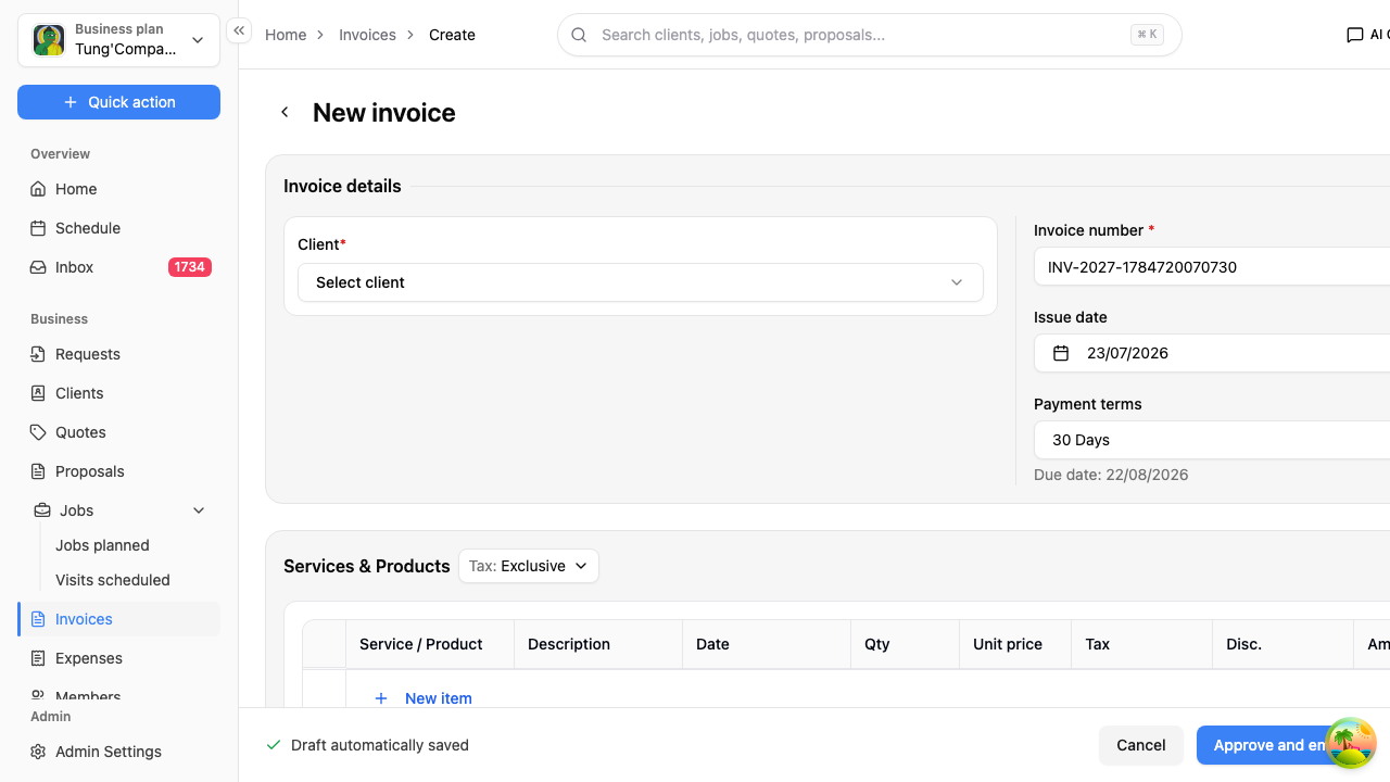 Create invoice screen
