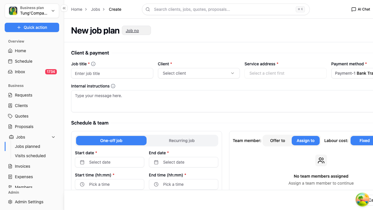 New job plan screen