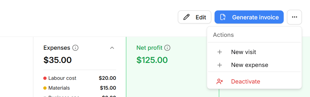 On a job, New expense is in the ⋯ menu (and on the job's Expenses tab)