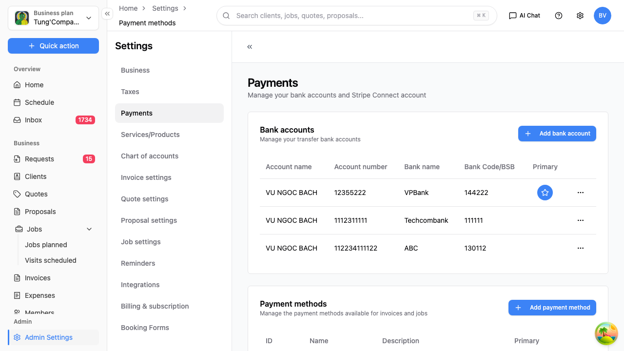 Payments settings screen