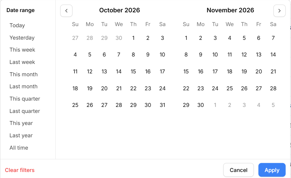 Pick a ready-made range or choose dates on the calendar