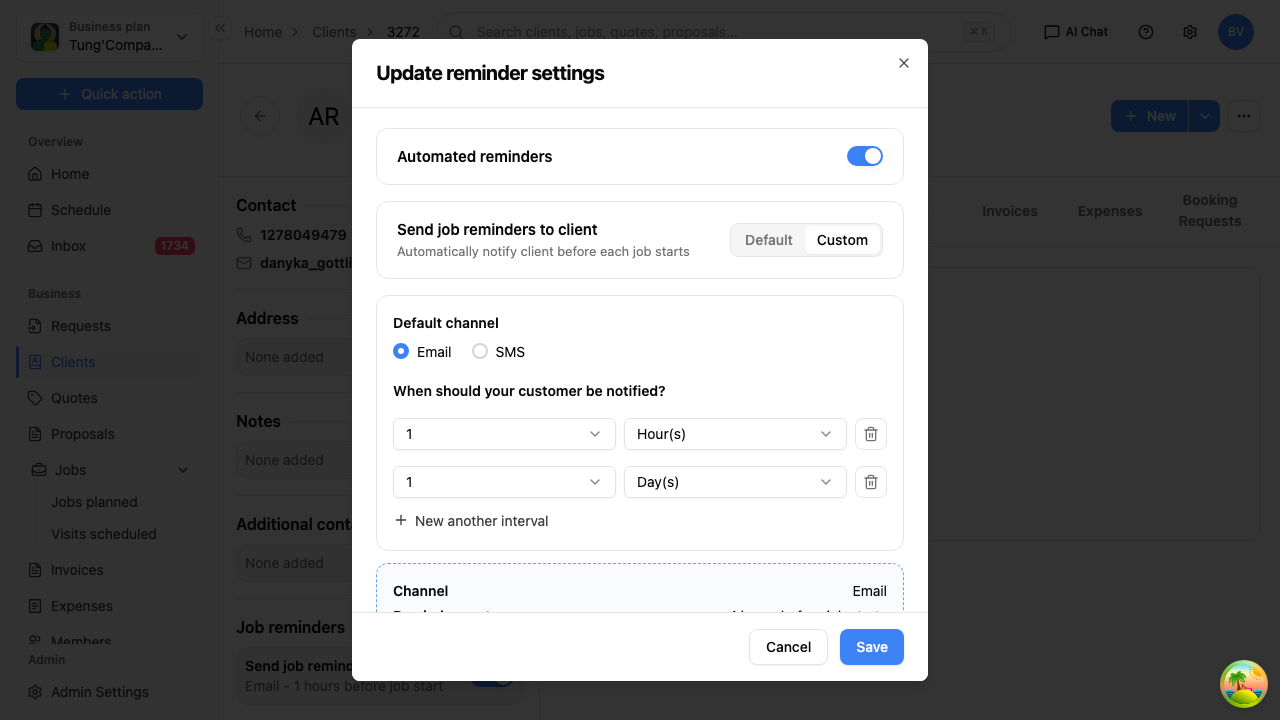 Reminder settings - custom