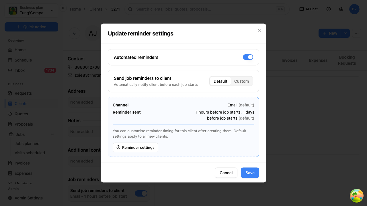 Reminder settings - default