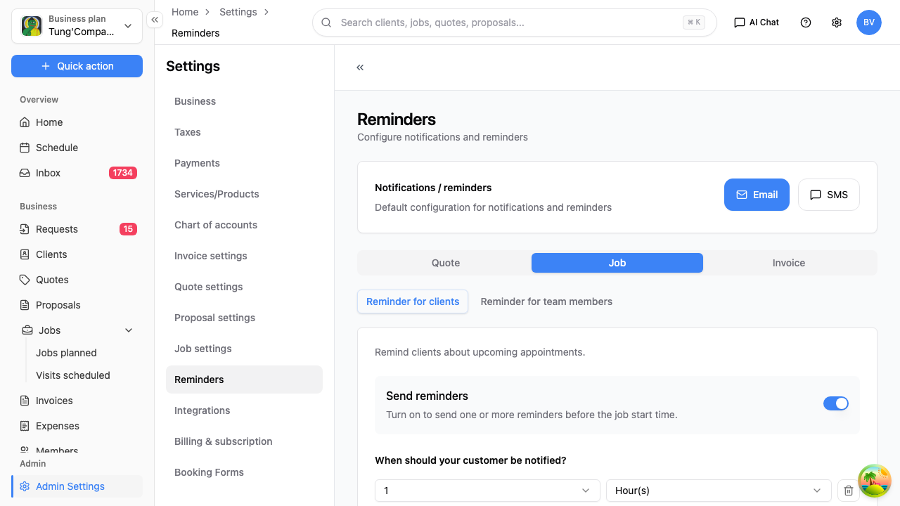 Reminders settings screen