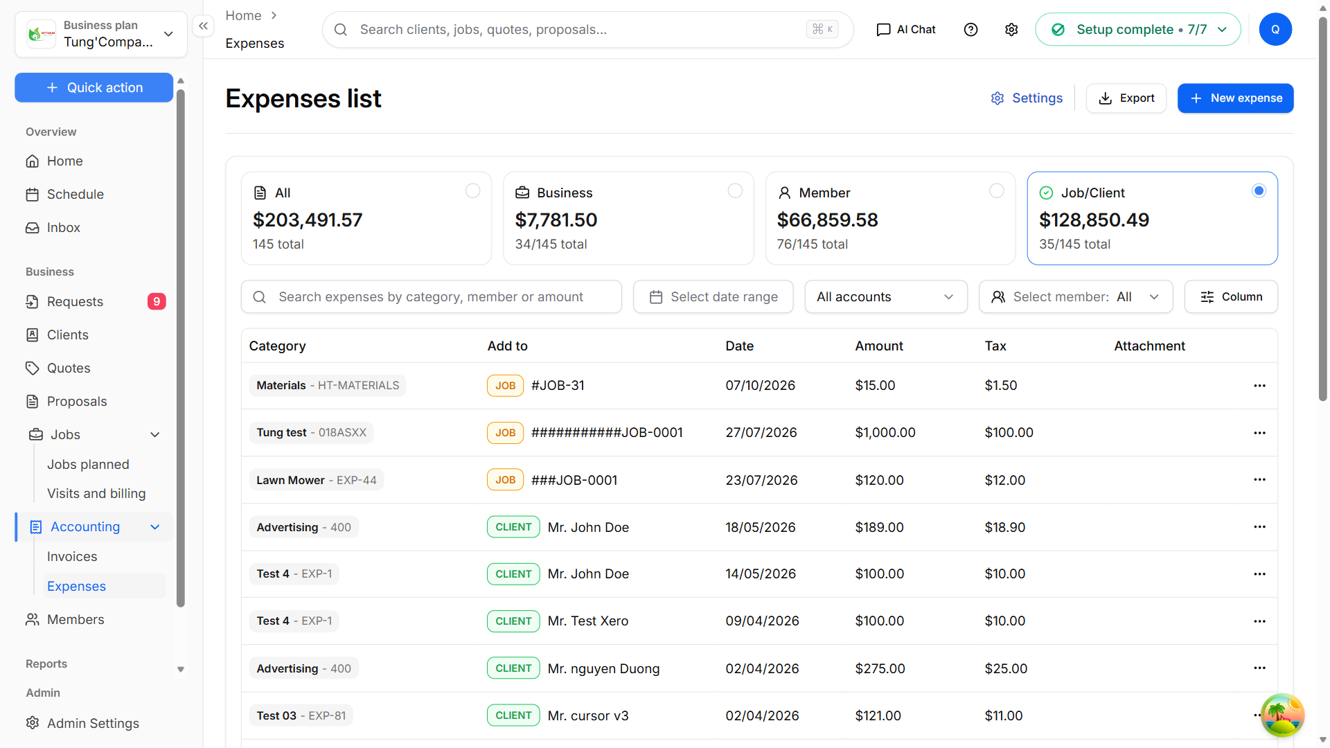 Selecting Job/Client shows only job and client expenses