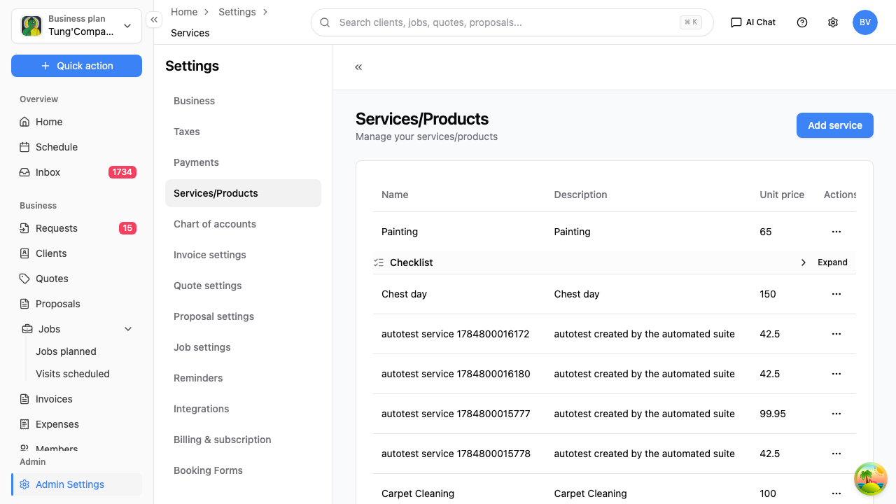 Services and products settings screen