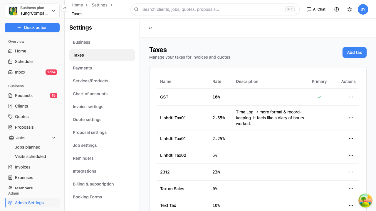 Taxes settings screen