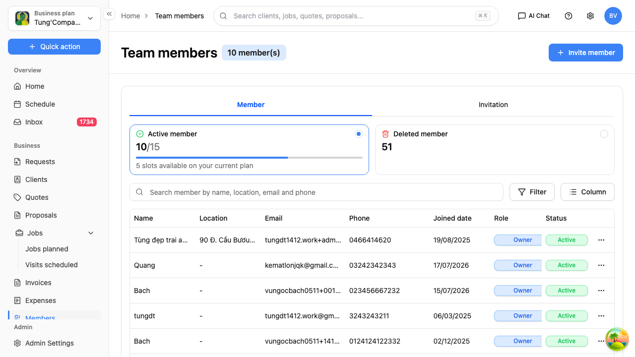 Team members list