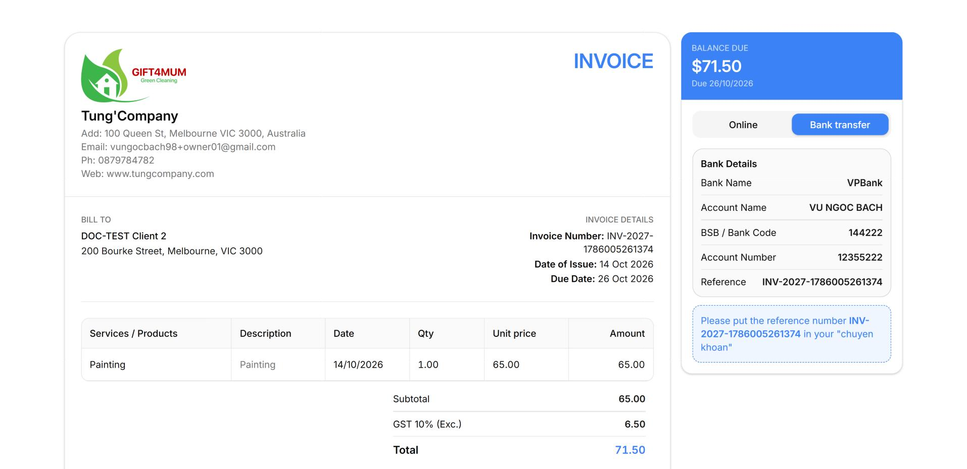 The Bank transfer tab shows your bank details and the invoice number to use as the payment reference.