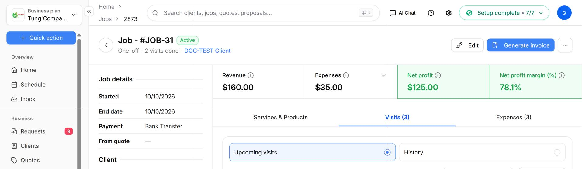 The Generate invoice button on the job page