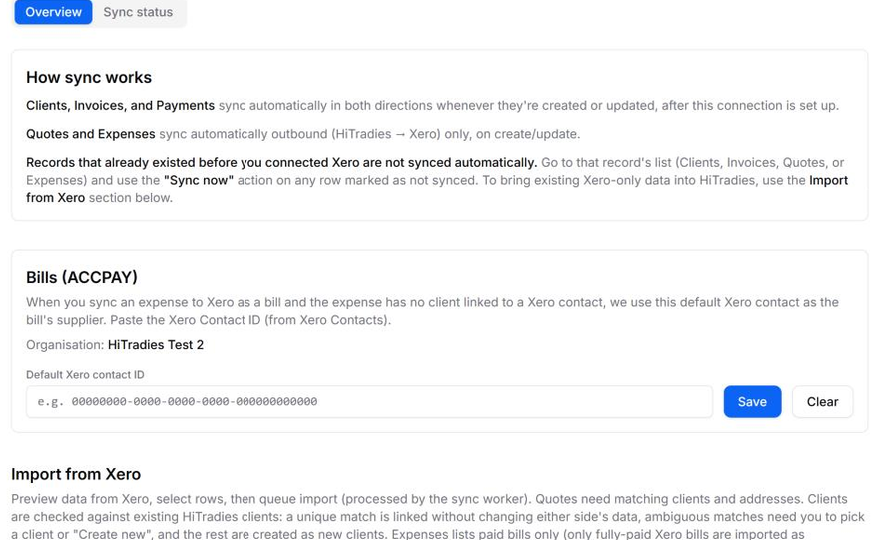The "How sync works" and "Bills (ACCPAY)" sections on the Overview tab