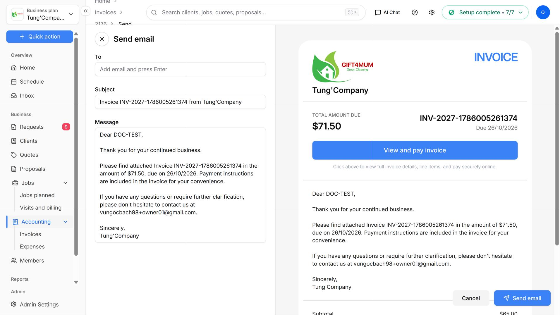 The Send email screen