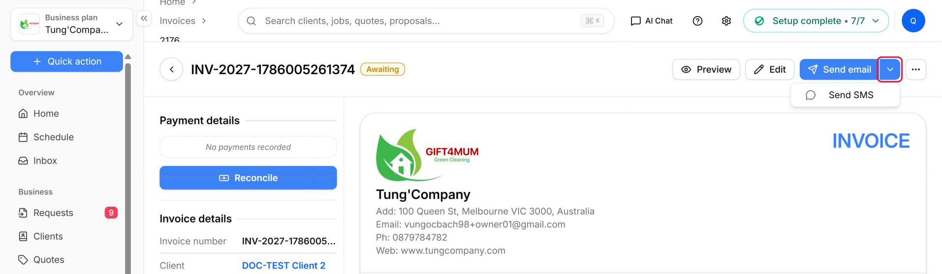 The small arrow beside Send email (highlighted) opens the Send SMS option.