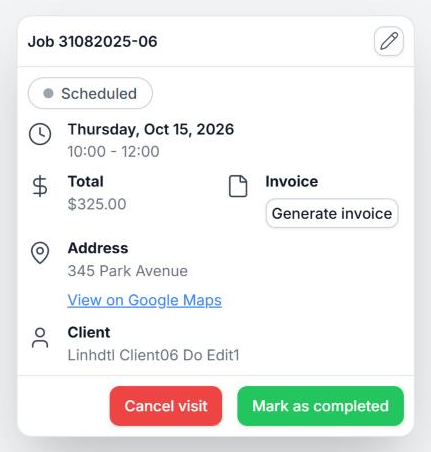 The visit pop-up on the Schedule, with Generate invoice under Invoice