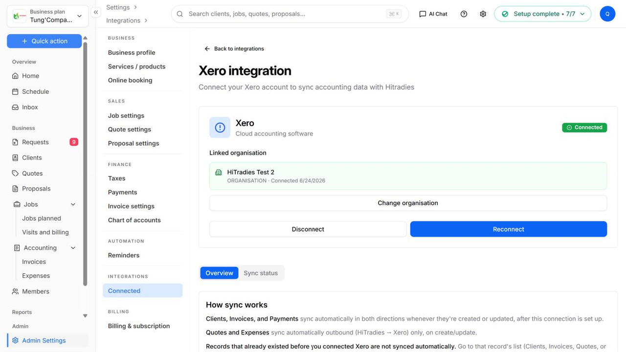 The Xero settings page