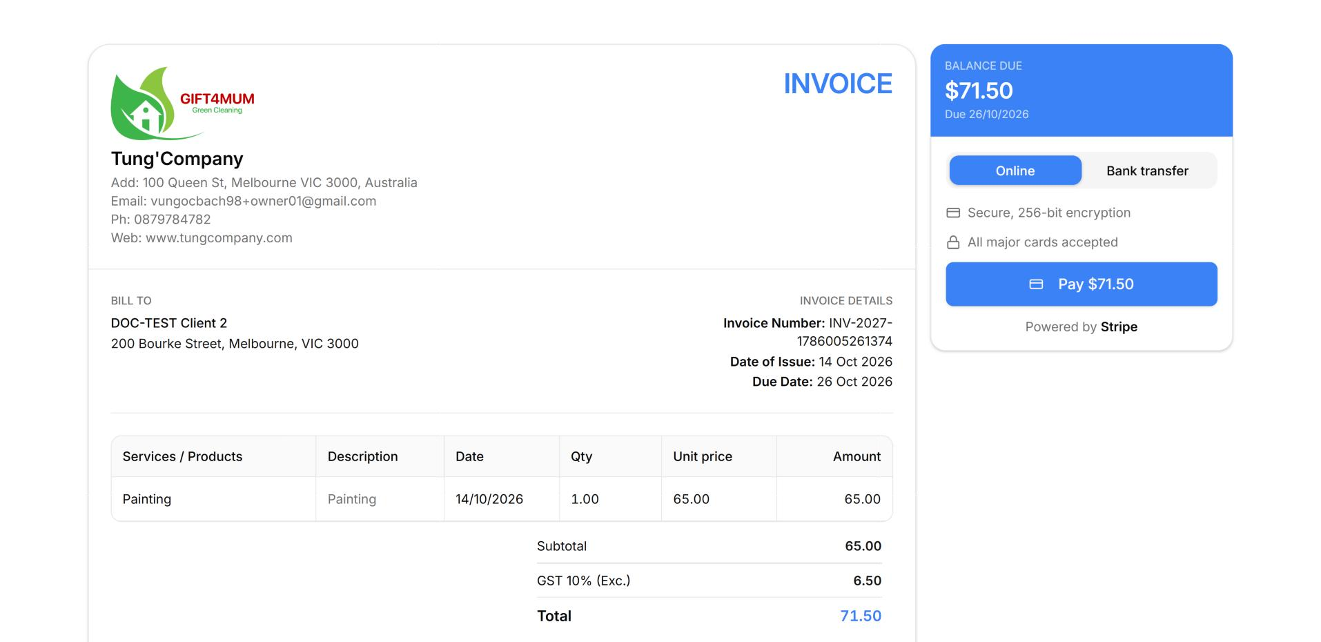 With online payments turned on, your client can choose Online or Bank transfer, and sees a Pay button.